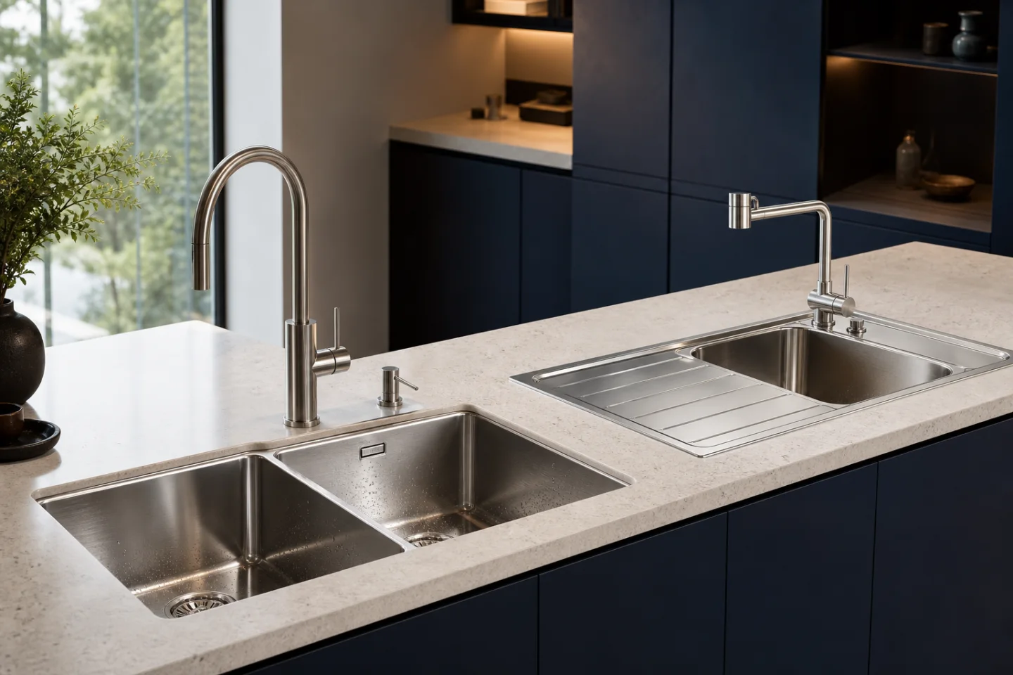Premium stainless-steel kitchen sinks in a navy modular kitchen