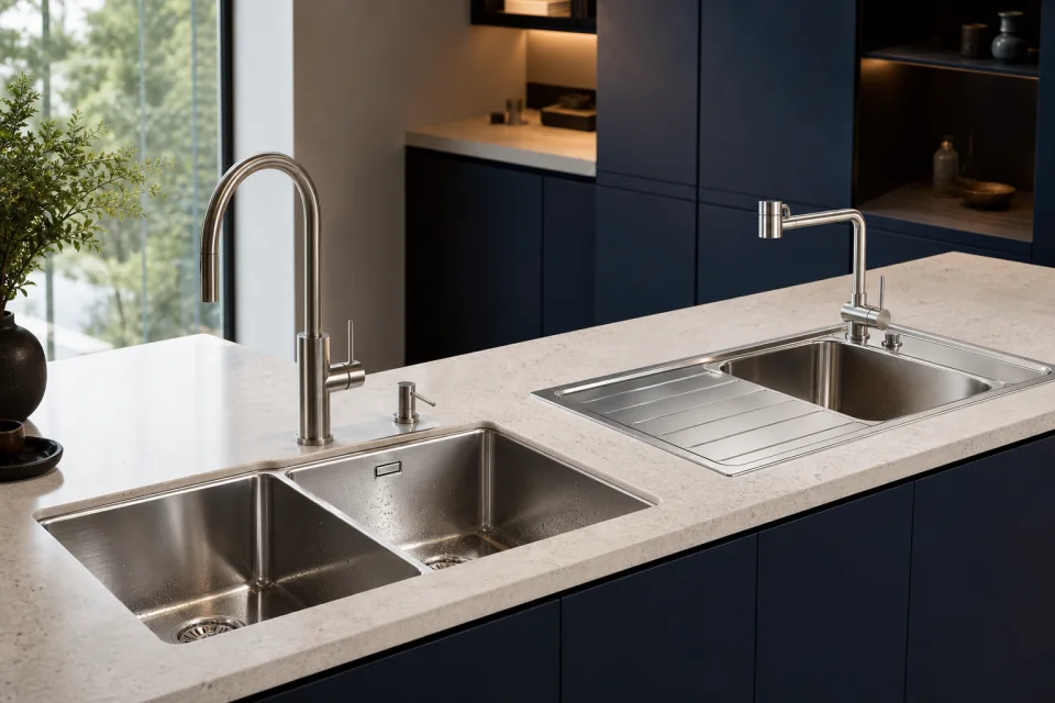 Premium stainless-steel kitchen sinks in a modern kitchen