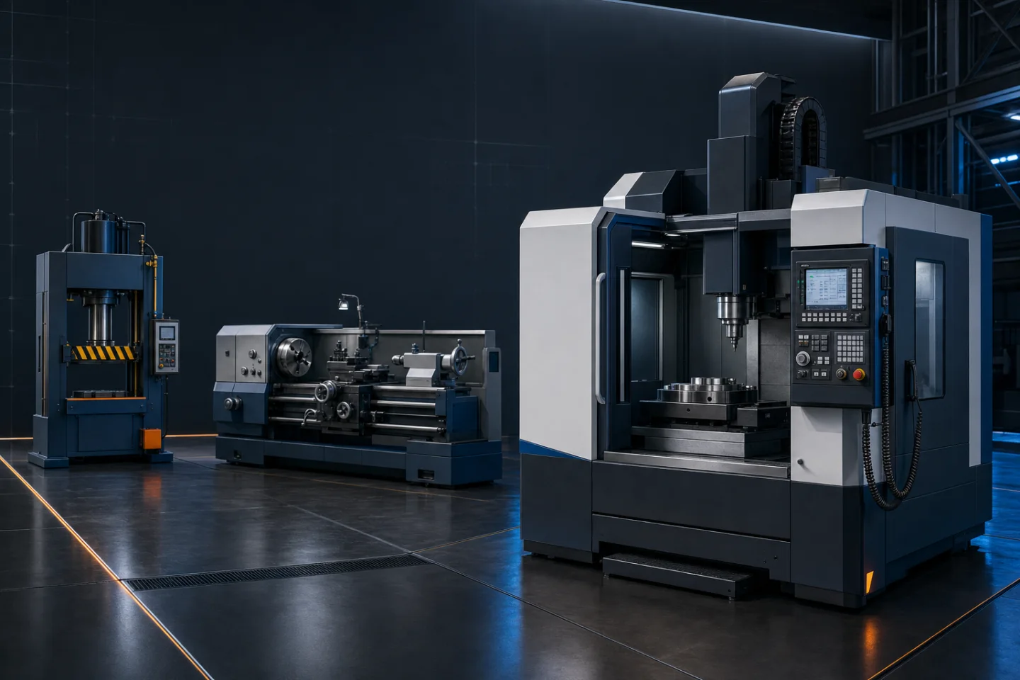 CNC machine, metal lathe and hydraulic press in an industrial showroom