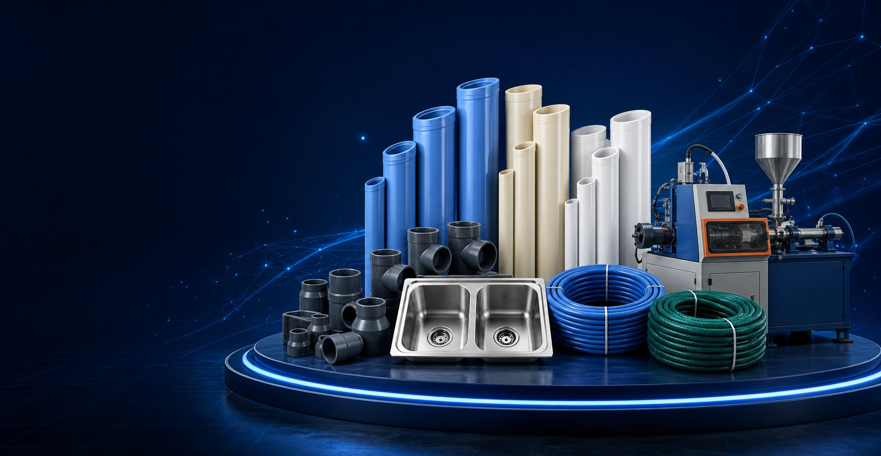 Premium showroom composition of PVC, CPVC and UPVC pipes, SWR fittings, garden and delivery pipes, kitchen sink and industrial machinery