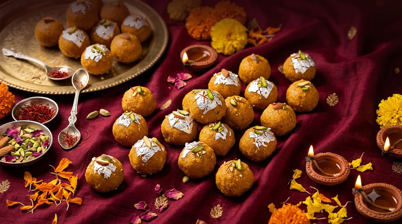 Golden laddus on maroon silk