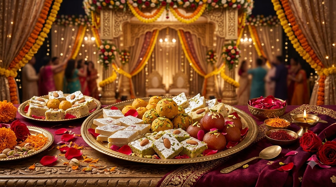 Mithai trays decorated with rose petals