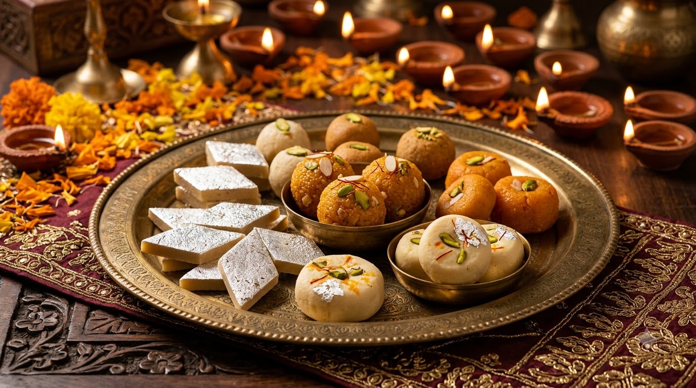 Premium Indian sweets arranged on a brass thali