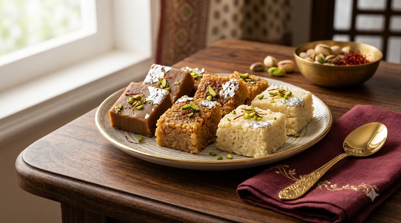 Fresh traditional Indian sweets served on a table